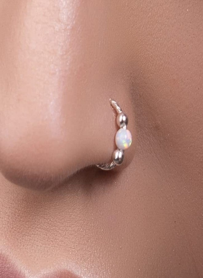 BILIBOOM Thin White Opal Sterling Silver Nose Ring - 22 Gauge Tiny Handmade Silver Opal Nose Hoop - 925 Sterling Silver Nose Piercing For Women - Elegant Design - Comes with Gift Packaging - Image 3